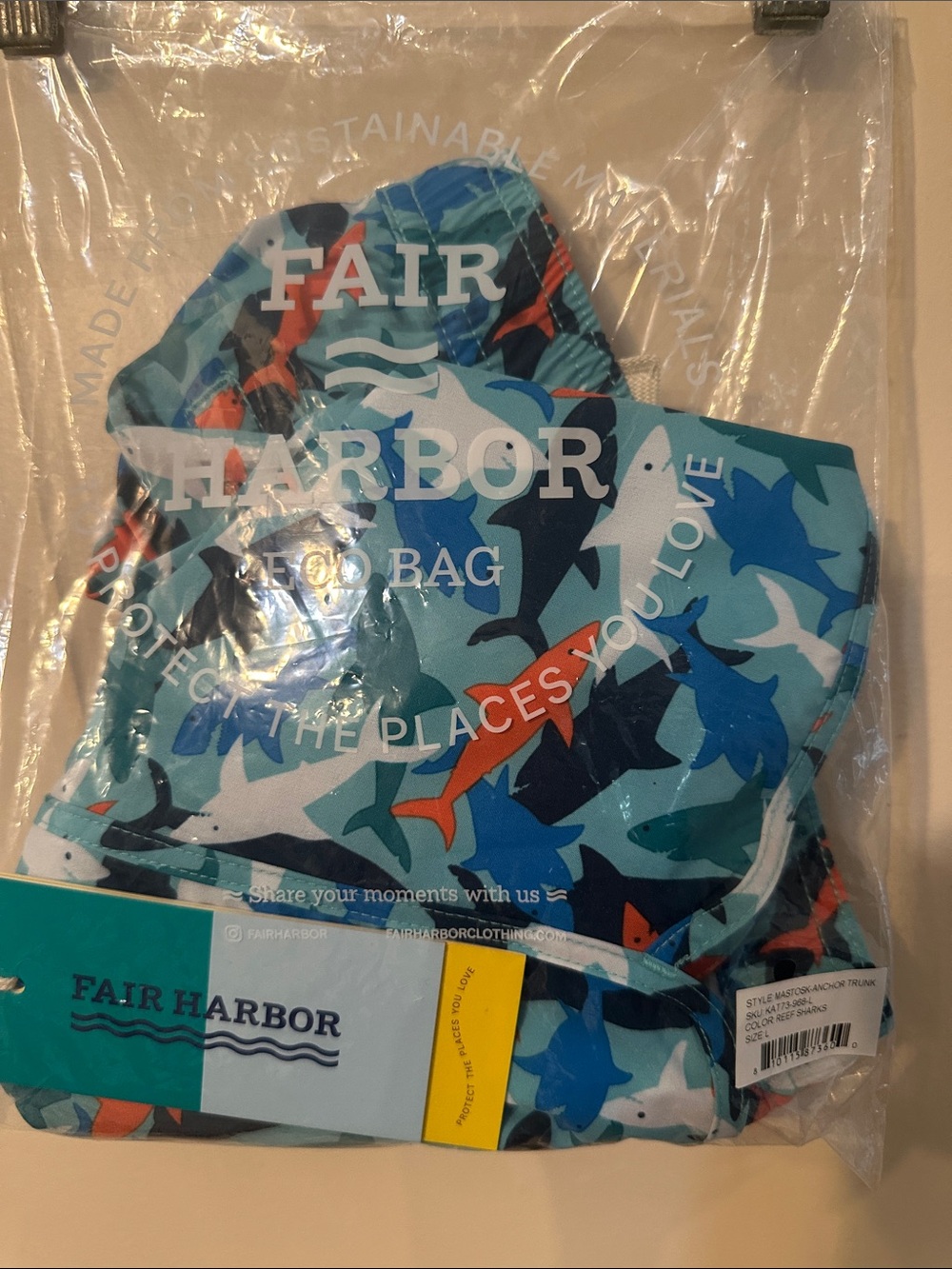 Fair Harbor Kids Shark-Pattern Swim Trunks in Blue, Teal & Orange